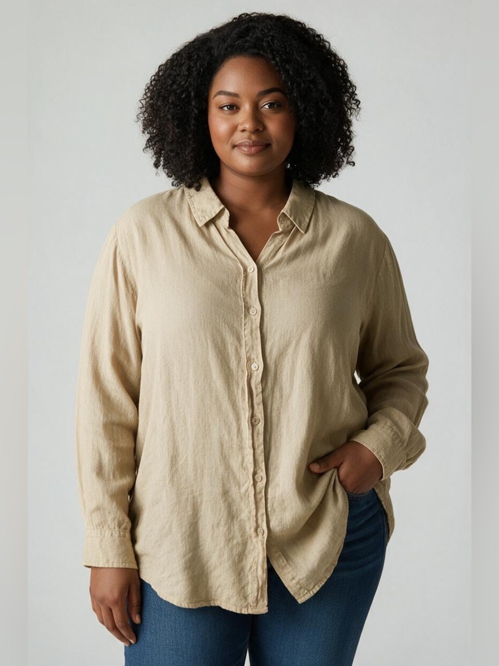NU Construction 100% Linen Boho Lagenlook Ling Sleeves Button Up Shirt Size 1X